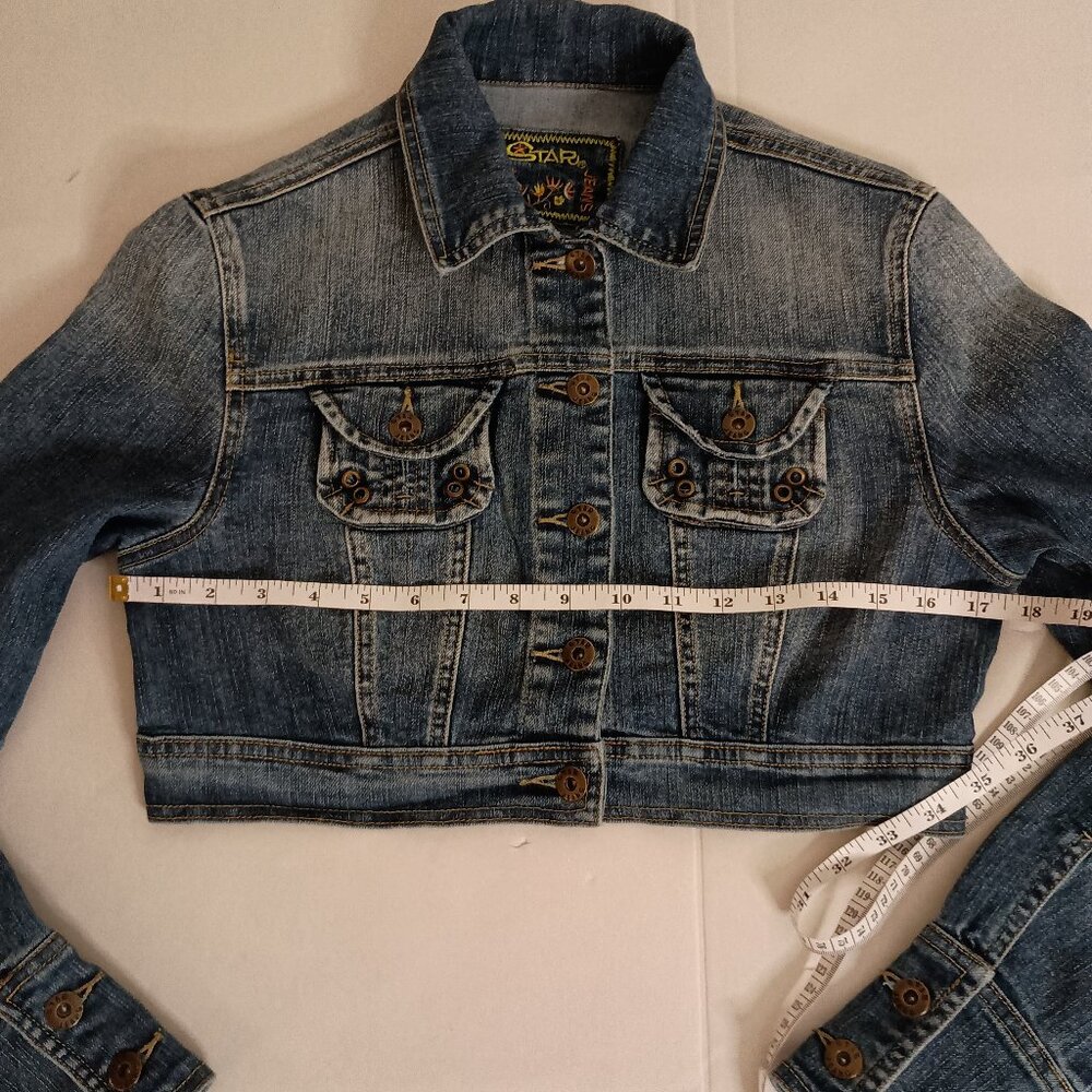 Star Jeans Jacket Y2K Cropped Denim Blue Button Pockets Women's Size S - Picture 10 of 16